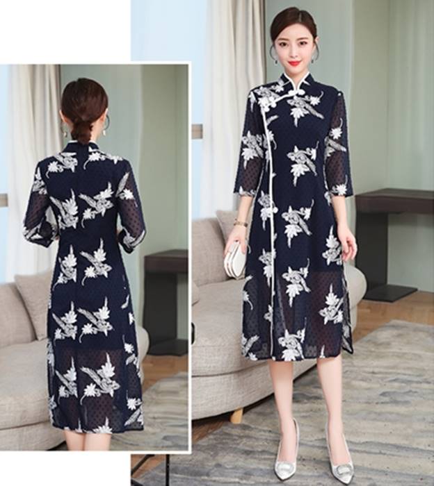 刺繍付 ロング チャイナドレス風長袖ワンピース エレガント 紺色の通販