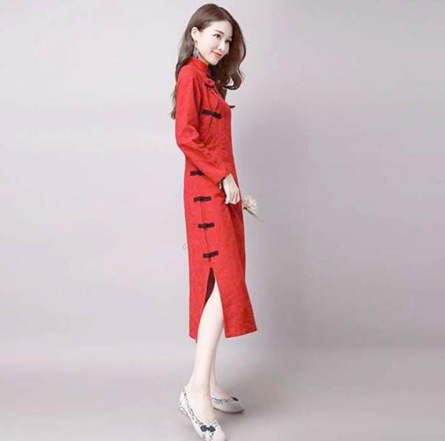 中華民族服 マキシワンピース 綿麻ワンピース　ロング丈チャイナドレス 長袖 レディース チャイナドレス ロングワンピース チャイナ風 ワンピース