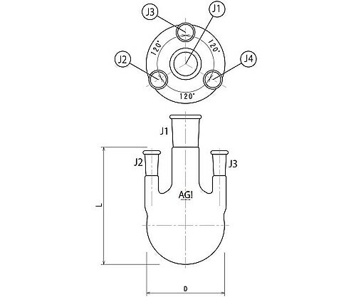 旭製作所 四ツ口フラスコ 側管垂直タイプ 200mL 24/40・15/35 1個 3120-200-4L2L