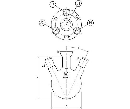 旭製作所 四ツ口蒸留フラスコ 500mL 35/25・19/38 1個 3192-500-H3L