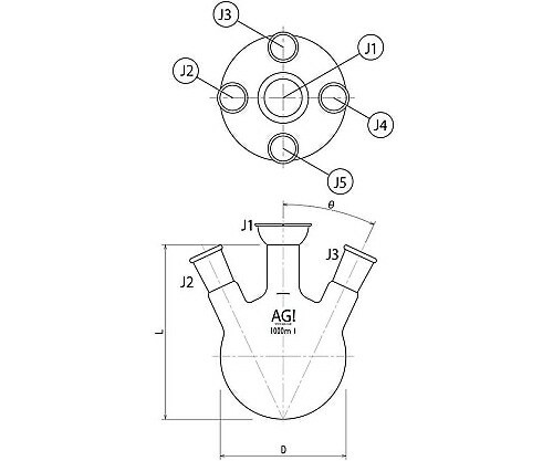 旭製作所 五ツ口蒸留フラスコ 5000mL 70/50・24/40 1個 3194-5-K4L