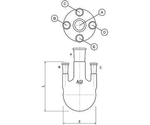 旭製作所 五ツ口フラスコ 側管垂直タイプ 500mL 24/40・19/38 1個 3122-500-4L3L