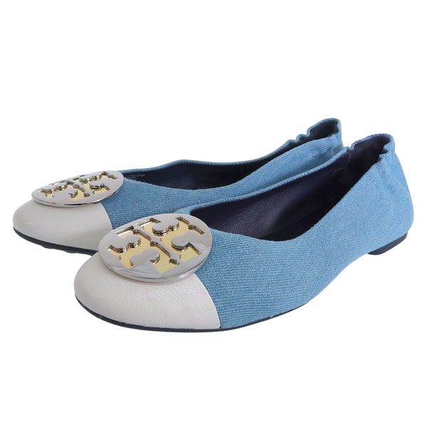 トリーバーチ 靴 レディース パンプス アウトレット 23.5cm デニム×レザー ブルー×ホワイト CLAIRE CAP-TOE BALLET 161388-400235 TORY BURCH