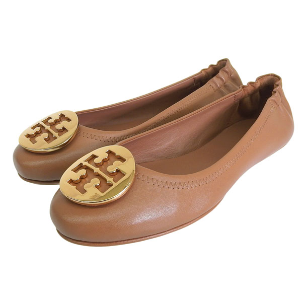 トリーバーチ 靴 レディース パンプス アウトレット 22.5cm レザー ブラウン MINNIE TRAVEL BALLET WITH METAL LOGO 50393-232225 TORY BURCH