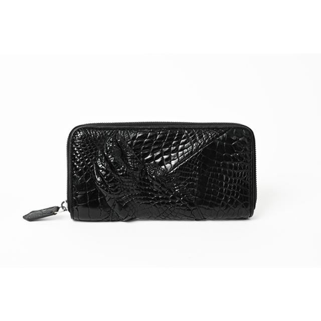 本革 ワニ革 長財布 メンズ ラウンド 長財布 シャムクロコ ブラック