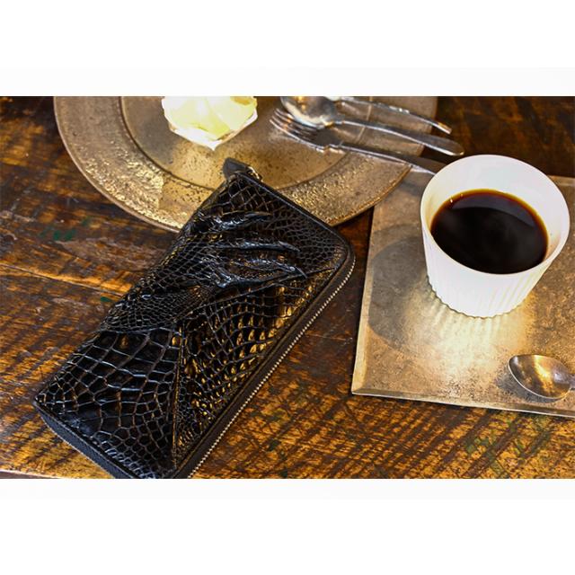 本革 ワニ革 長財布 メンズ ラウンド 長財布 シャムクロコ ブラック