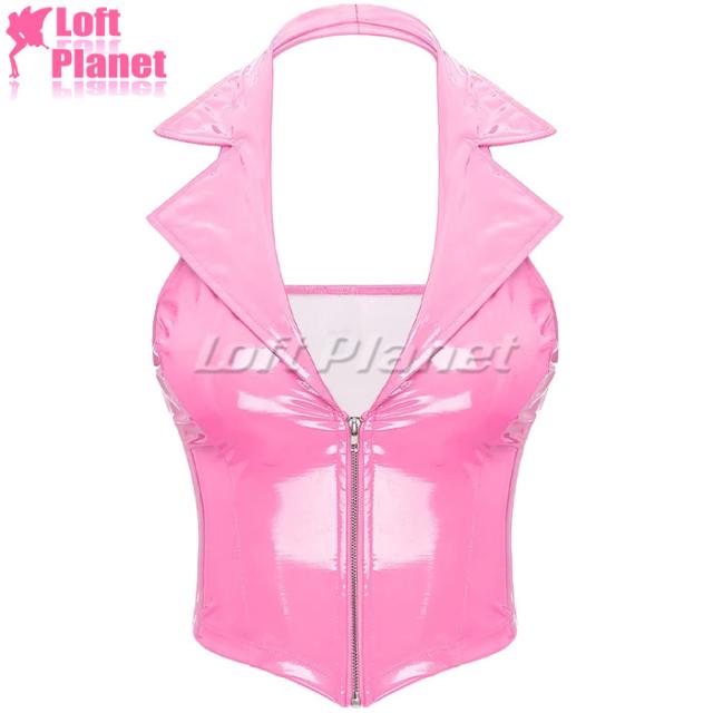 ベスト トップス PU エナメル ストレッチ Vネック ホルターネック ノースリーブ ボンテージ SM セクシー コスチューム ピンク AE240708Pの通販は 5,498円
