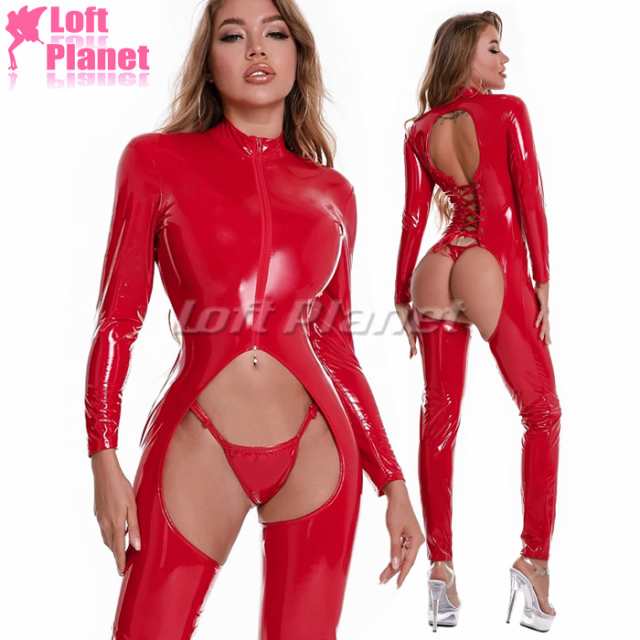 キャットスーツ PU エナメル オープンクロッチ ボディスーツ ストレッチ ボンテージ SM セクシー コスチューム レディース 赤 PG-XX6810R