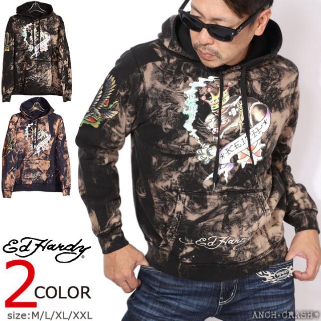 Ed Hardy エドハーディー プルオーバーパーカー (EDH-2407)【送料無料】裏毛 ブリーチ加工 刺繍 インクジェット