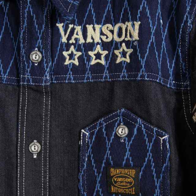 在庫限りセール SALE 20%off VANSON バンソン 刺し子切替 デニムシャツ