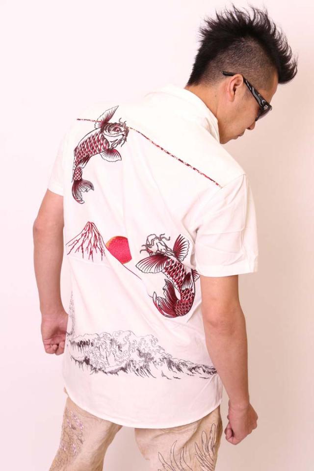 セール SALE [satori さとり]双鯉波富士 和柄 総刺繍 半袖ワークシャツ(GWS-403)※ご奉仕品の為返品交換不可_3