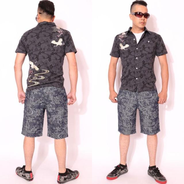 XLサイズのみラスト1点もってけ価格！在庫限りセール SALE 30%off 花旅楽団スクリプト 桜鶴刺繍 ジャガードコットン 和柄 半袖シャツ(SCS-601)SCRIPT ご奉仕品の為返品交換不可