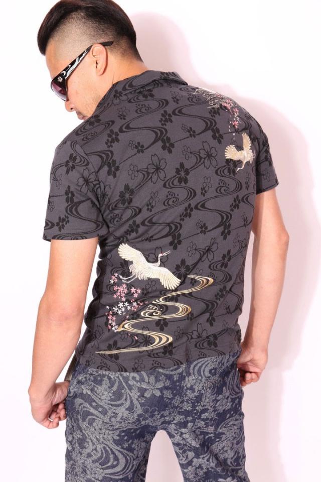 XLサイズのみラスト1点もってけ価格！在庫限りセール SALE 30%off 花旅楽団スクリプト 桜鶴刺繍 ジャガードコットン 和柄 半袖シャツ(SCS-601)SCRIPT ご奉仕品の為返品交換不可