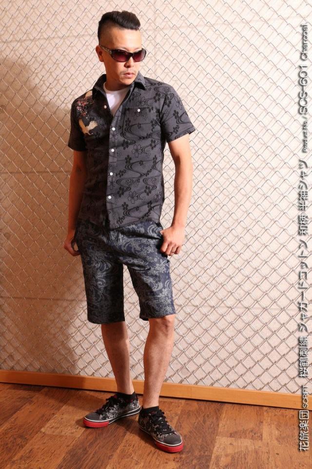 XLサイズのみラスト1点もってけ価格！在庫限りセール SALE 30%off 花旅楽団スクリプト 桜鶴刺繍 ジャガードコットン 和柄 半袖シャツ(SCS-601)SCRIPT ご奉仕品の為返品交換不可