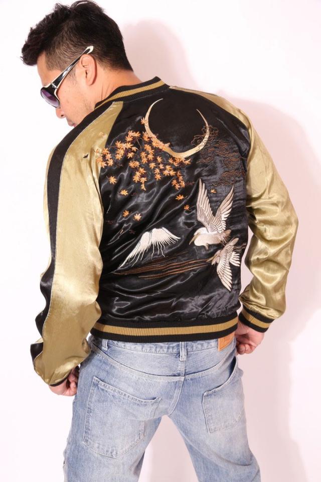 花旅楽団SCRIPT 紅葉と鷺 刺繍 和柄スカジャン(SSJ-512)ブラック