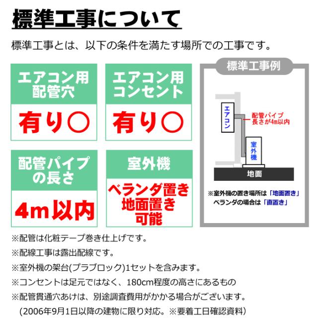 エアコン 新規取付標準工事「商品到着後翌日以降」 冷房能力5.0から6.2kwまで（取り外し・リサイクルは別途） ※うるさら対象外 エアコン 新規取付標準工事「商品到着後翌日以降」 冷房能力5.0から6.2