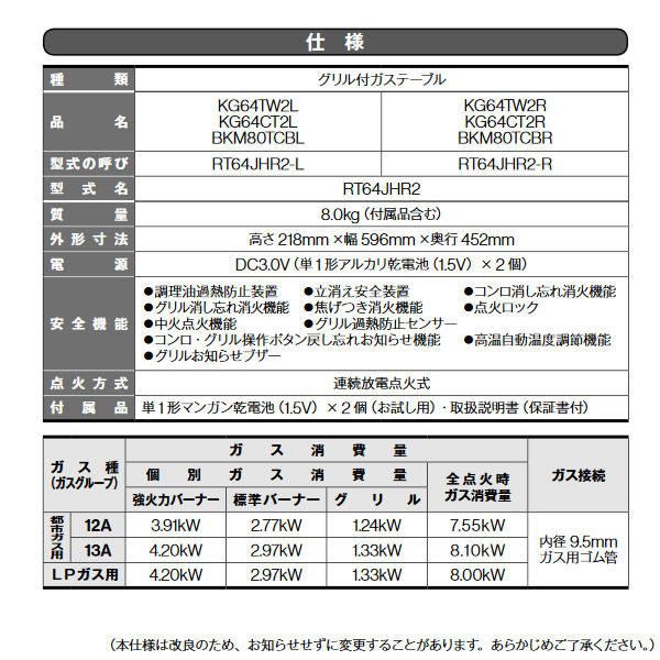 在庫あり　【LPガス専用】 Rinnai リンナイ グリル付 ガステーブル 右強火力 KG64CT2R-LP プロパンガス 2口 据え置き 幅60cm