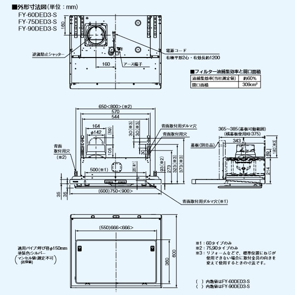 パナソニック エコナビ搭載　フラット形レンジフード 900mm 90cm FY-90DED3-S シルバー シロッコファン コンロ連動形 フィルター付き DCモーター_1