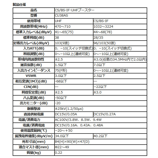 在庫あり 【お買い得10台セット】 DXアンテナ CU38AS CS/BS-IF UHF 