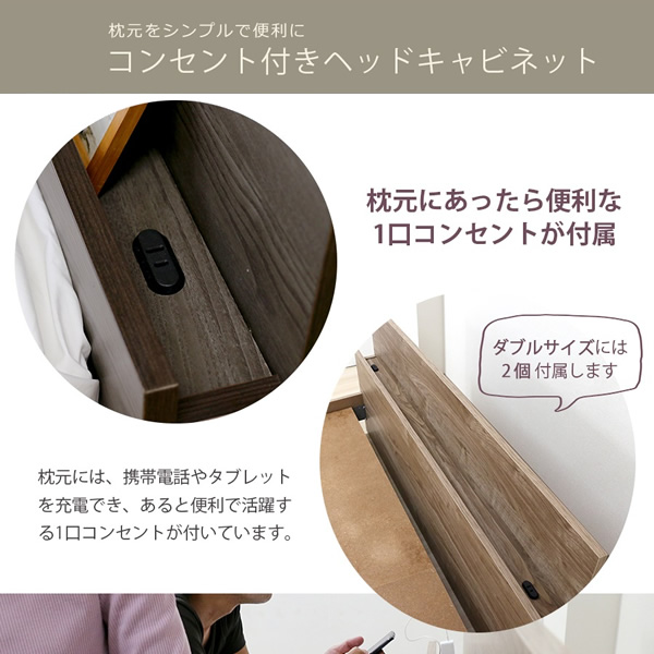 ベッド【メーカー直送】友澤木工 コンセント 棚付き ベッド bred-cabinet ワイドキング セミダブル+セミダブル マットレス付き_2