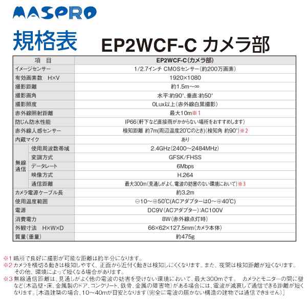 在庫あり 防犯カメラ マスプロ MASPRO ワイヤレスカメラ HDカメラ ハイビジョン 増設カメラ EP2WCF-C WHC7M3-C同等品の通販はau  PAY マーケット ぎおん au PAY マーケット－通販サイト