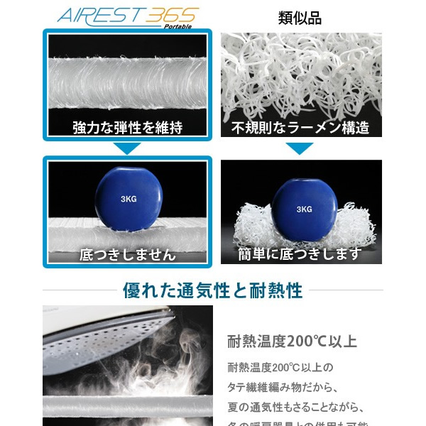 マットレス 敷きパッド 新構造エアーマットレス エアレスト365 ポータブル 70×200cm 高反発 通気性 耐熱性 耐久性 軽量 洗える_3