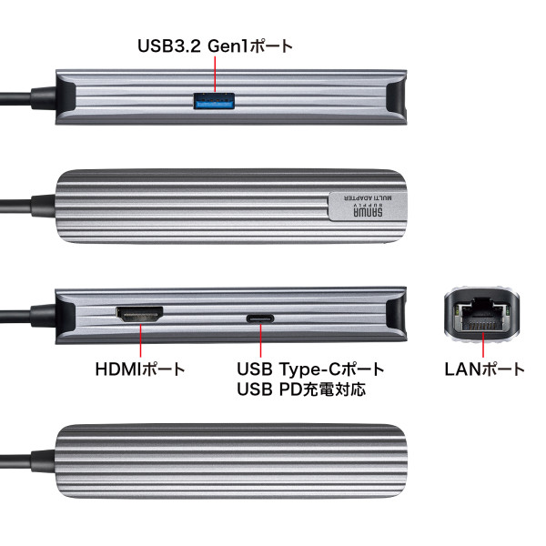 USB Type-Cマルチ変換アダプタ HDMIポート＋LANポート付き ケーブル1m サンワサプライ USB-3TCHLP7S-1_3