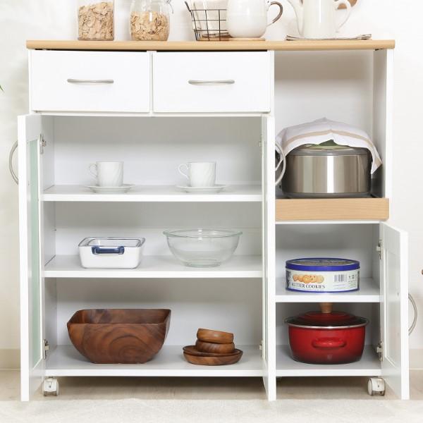 【在庫処分】キッチン収納 食器棚 ホワイト スライド棚 コンセント付き曇りガラス キッチン収納 食器棚 幅90×奥行39.5×高さ89cm ホワイト スライド棚