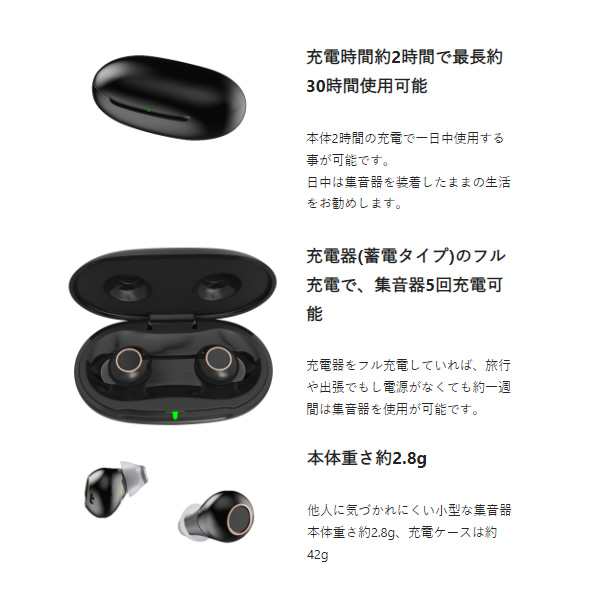 集音器 日健 NIKEN 高感度集音器 耳穴式 両耳タイプ 充電式 軽〜中等度難聴 ハウリング抑制機能 軽量 高齢者 日本製 ブラック NK-701