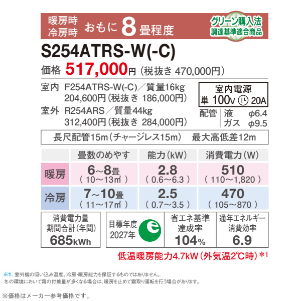 エアコン 8畳 2.5kw ダイキン ルームエアコン うるさらX RXシリーズ 単相100V 2024年モデル ホワイト S254ATRS-Wの通販は