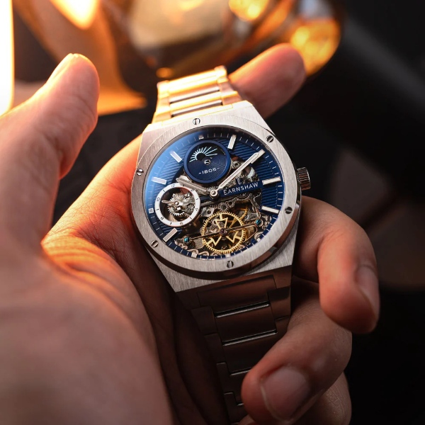 在庫あり　EARNSHAW アーンショー メンズ腕時計 自動巻き DRAKE DUAL TIME AUTOMATIC スケルトン 5気圧防水 42.5mm シルバー ブルー ES-8291-22_2