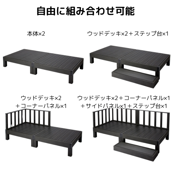 ウッドデッキ セット 本体×2＋コーナーパネル×1+ステップ×1 ブラック 人工木 柵 デッキ diy おしゃれ ガーデンデッキ 屋外 木目 縁台_3