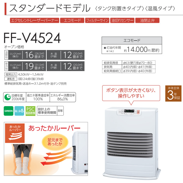 FF式石油ストーブ トヨトミ FF-V4524-W ホワイト 石油ファンヒーター 木造12畳/鉄筋19畳 タンク別置きタイプ 温風タイプ_1