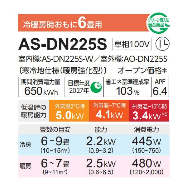 エアコン 富士通ゼネラル AS-DN225S-W 寒冷地向けエアコン ゴク暖ノクリア DNシリーズ 6畳用 ホワイト 2.2kW 単相100V