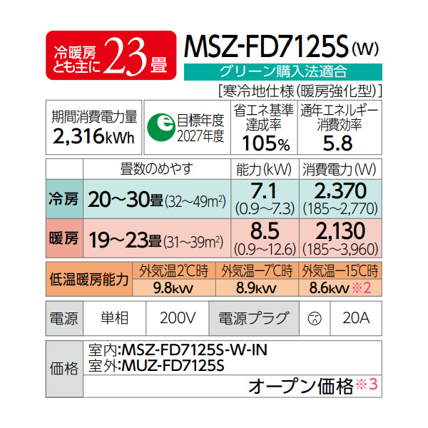 エアコン 23畳用 三菱電機 MSZ-FD7125S-W ズバ暖霧ヶ峰 FDシリーズ ピュアホワイト 寒冷地用 ルームエアコン 7.1kW 単相200V