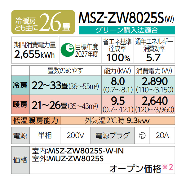 エアコン 26畳用 三菱電機 8.0kW 単相200V 霧ヶ峰 Zシリーズ 2025年モデル MSZ-ZW8025S-W ルームエアコン ホワイト　MSZ-ZXV8025Sと同等品　壁掛け