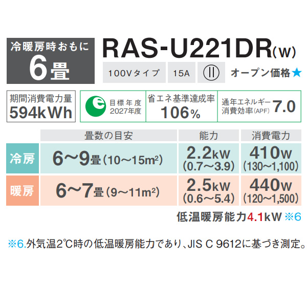 東芝 TOSHIBA エアコン 大清快 U-DRシリーズ おもに6畳用 ホワイト RAS-U221DR-W 単相100V 2.2kW ルームエアコン