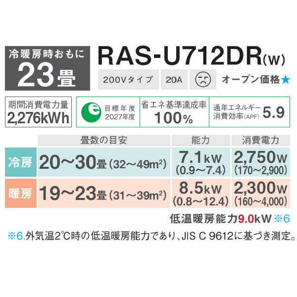 東芝 TOSHIBA エアコン 大清快 U-DRシリーズ おもに23畳用 ホワイト RAS-U712DR-W 単相200V 7.1kW ルームエアコン