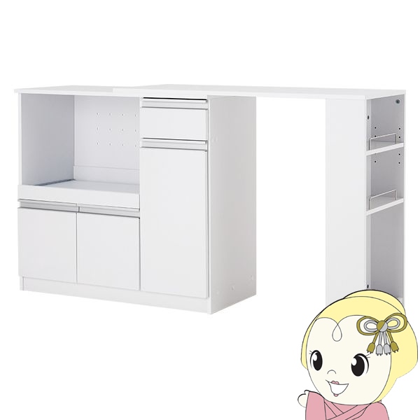 キッチンカウンター 伸縮 幅104-178 キッチン収納 2口コンセント スライド棚 食器 調理器具 キッチン家電 大容量収納 PVC天板 ホワイト