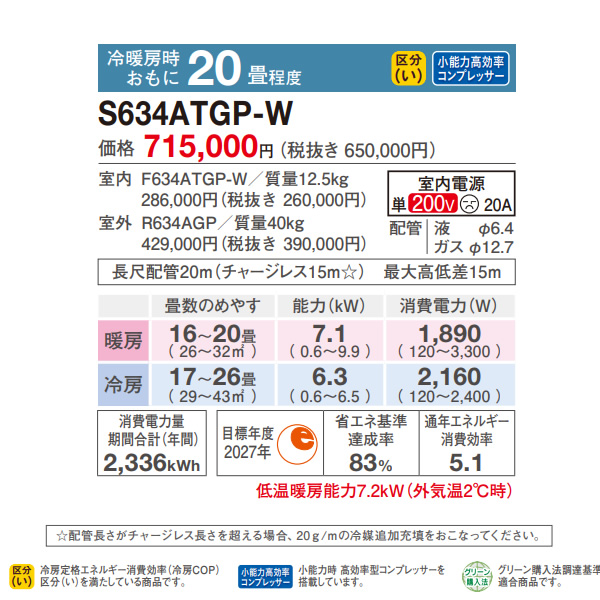 エアコン 20畳 6.3kw ダイキン ルームエアコン GXシリーズ 単相200V 2024年モデル ホワイト S634ATGP-W