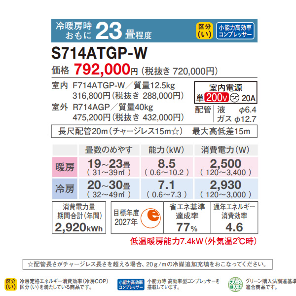 【標準工事込み】エアコン 23畳 7.1kw ダイキン ルームエアコン GXシリーズ 単相200V 2024年モデル ホワイト S714ATGP-W