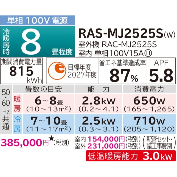 【標準工事込み】エアコン 日立 白くまくん ステンレス・クリーン MJシリーズ 8畳用 100V フィルター自動お掃除機能 RAS-MJ2525S-W 2.5kW
