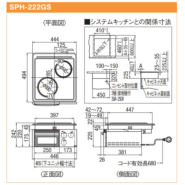 三化工業 プレートヒーター ビルトイン2口（グリル付） 200V SPH-222GS 電気コンロ クッキングヒーター_1