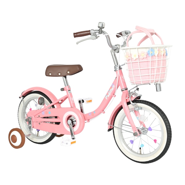 【メーカー直送】 子供用自転車 14インチ 美和商事 パピヨン14 ピンク 補助輪付き キッズ自転車 キッズサイクル お花かごバッグ付き_1