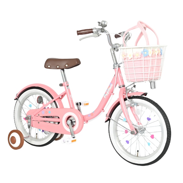 【メーカー直送】 子供用自転車 16インチ 美和商事 パピヨン16 ピンク 補助輪付き キッズ自転車 キッズサイクル お花かごバッグ付き_1