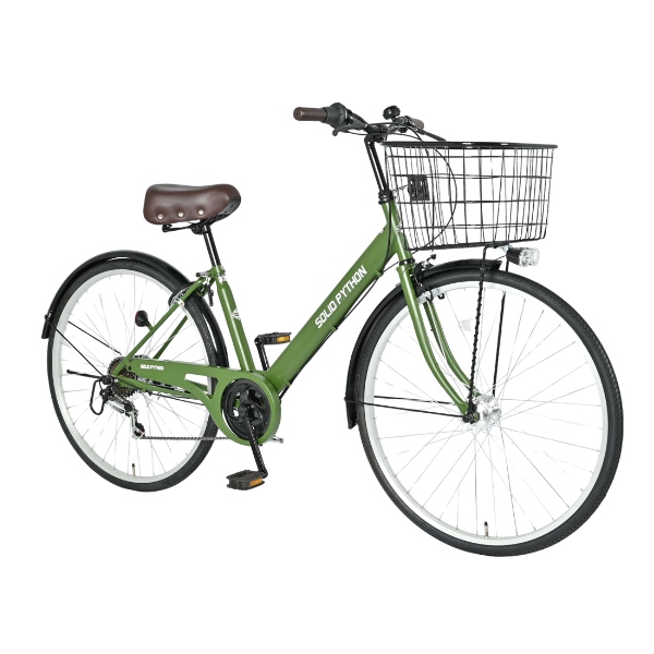【メーカー直送】 自転車 26インチ 美和商事 ソリッドパイソン26 外装6段変速 LEDオートライト カゴ付き 鍵付き カーキ_1