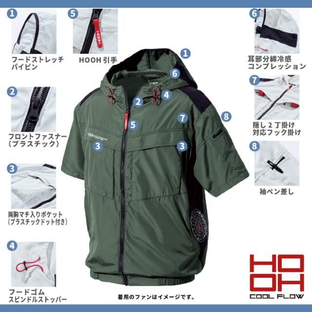 2026年新作 19V HOOH 鳳凰 フルセット 空調作業服 ファン バッテリー 半袖 ジャケット セット サイドファン仕様 フード付 制電 快適ウェア 熱中症対策 春夏 作業服 作業着 村上被服 安い mh-v8817-l2_2