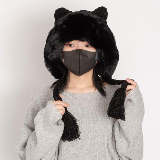 猫耳バラクラバ 畦編みニット ネコ耳 もふもふ 個性的 ユニ