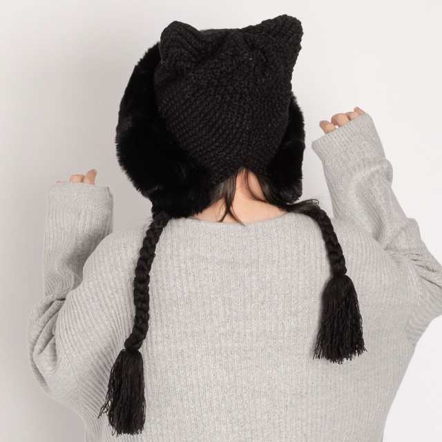猫耳バラクラバ 畦編みニット ネコ耳 もふもふ 個性的 ユニ