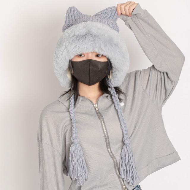 猫耳バラクラバ 畦編みニット ネコ耳 もふもふ 個性的 ユニ